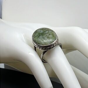 Serpentine Sterling Silver oval bezel set ring, size 7, 13.3 grams